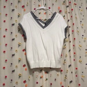 White V-Neck Sweater Vest with Striped Trim